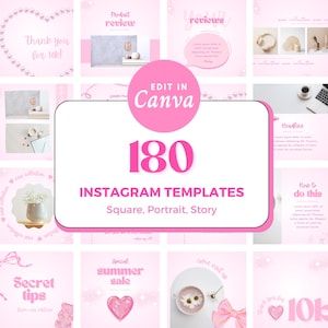 180 Instagram Post Template Bundle, Pastell Rosa Design, Trendy Social Media Story, Digital Branding Canva Template Süße Kawaii Retro Y2K