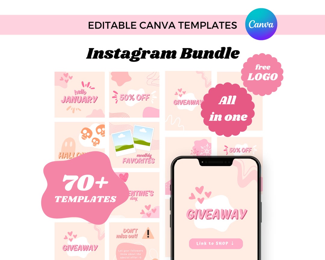 Abstract Pink Instagram Template Bundle With Free Logo, Pastel Pink ...