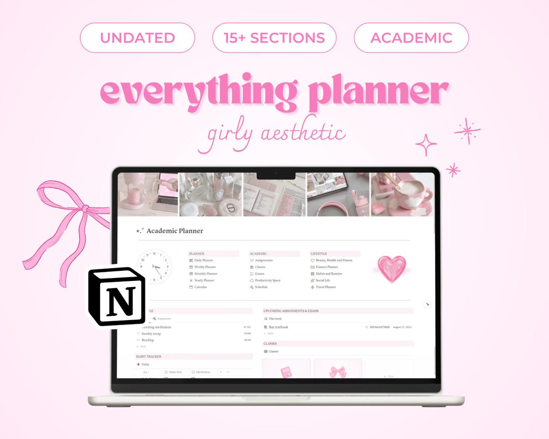 Timetable Bows Notes Pink Bows Notion All in One Planner Template, Cute Academic Daily ...