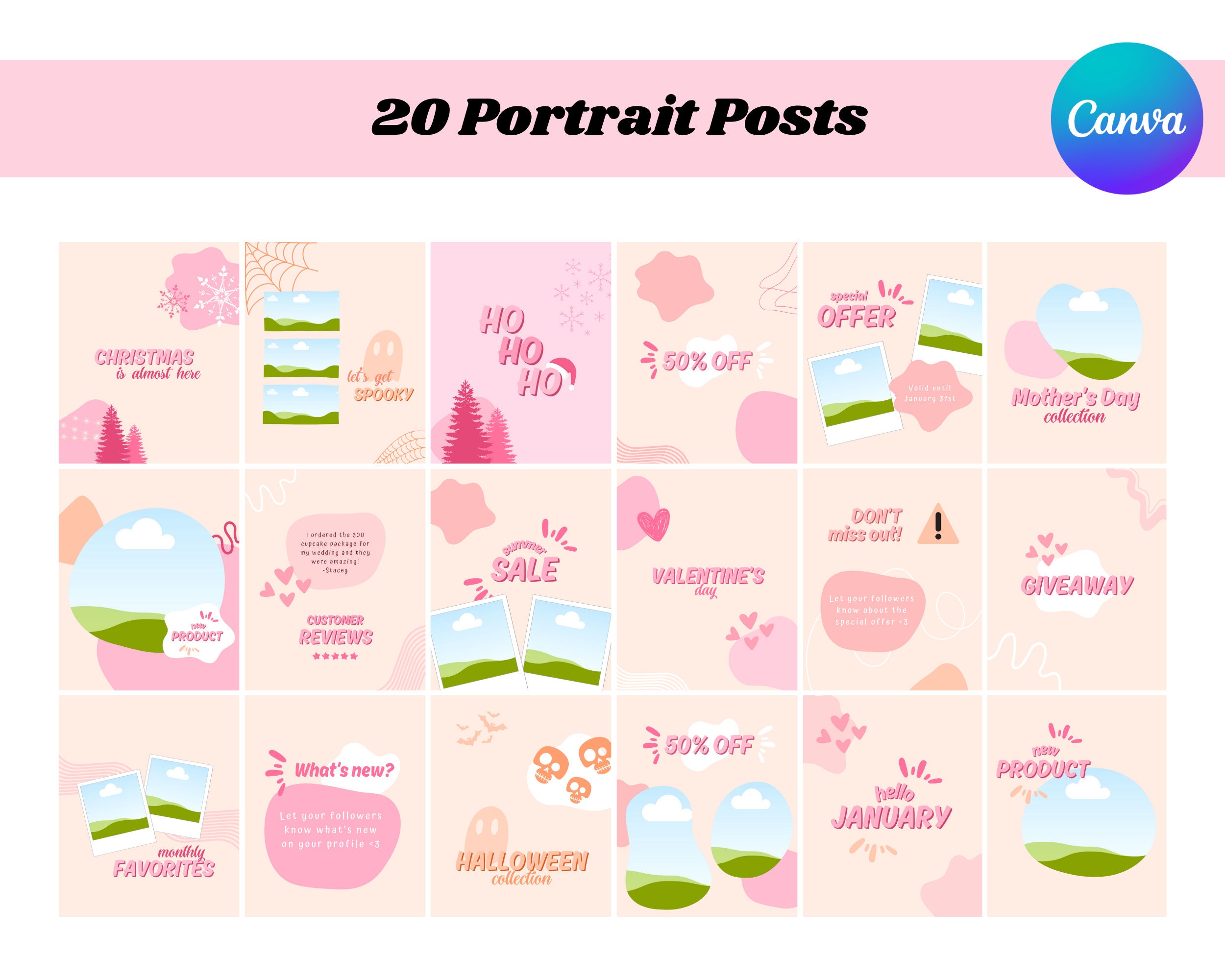 Abstract Pink Instagram Template Bundle With Free Logo, Pastel Pink ...