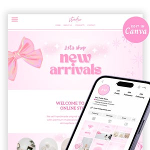 Puede incluir: Una plantilla de diseño de sitio web rosa y blanco con el texto "Let's shop new arrivals" y un lazo rosa. El sitio web es para una tienda en línea que vende artículos hechos a mano. La plantilla está diseñada para ser utilizada en Instagram.