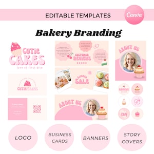 Bakkerij Shopify Brandingbundel, Canva visitekaartje logo ontwerpsjablonen, website banner sjabloon, schattige pastel online kookwinkelkit
