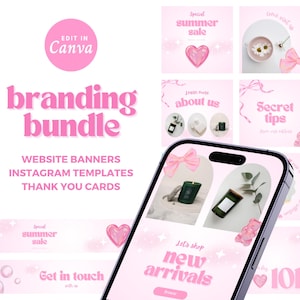 Könnte beinhalten: Ein rosa-weißes Branding-Paket für soziale Medien und Websites. Das Paket enthält Vorlagen für Instagram, Website-Banner und Dankeskarten. Der Text "branding bundle" ist in einer rosa Retro-Schriftart. Der Text "website banners, Instagram templates, thank you cards" ist in einer schwarzen serifenlosen Schriftart. Der Text "Edit in Canva" ist in einer weißen serifenlosen Schriftart auf einem rosa Kreis.