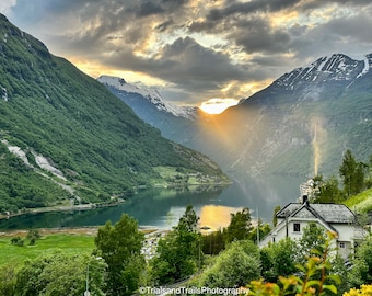 Sunset in Norweigan GeirangerFjord. The Power & Mighty Fjord. Pictures for Travelers. Inspiring Canvas. Home, Office Decor. Moody Photograph