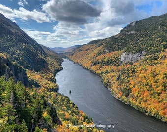 Peak Fall Cliff Mountain Landscape Canvas Print. Yellow Leaves lining River. Big Clouds on a Fall Day. Monumental Photograph. Inspiring