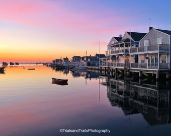 Sunrise Summer Reflection in Sea Side town, Nantucket, Massachusetts. Red Boat on Ocean Photography Landscape Canvas Print. Gifts for Mom.