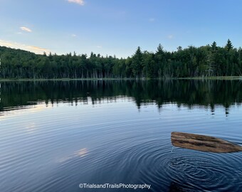 Ripple Effect on the Pond. Rowboat on Lake. Blue Sky Reflecting on the water. Trees Reflecting on water. Landscape Print. Gift for Office