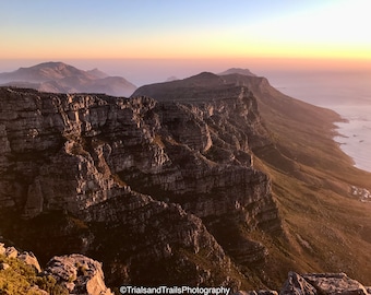 Sunset on Table Mountain in South Africa. Sunset, Ocean and Mountain art for your Wall. Decor for Office.  African Landscape on Canvas.