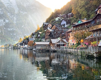 Austrian Sunrise Reflection in Mountain Town Hillside Town. Photograph from Abroad. Gifts for Traveler. Inspirational Photography.
