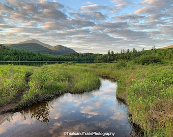 Mountain Sunset Reflection of the Blue Sky and Clouds in the Adirondacks Landscape Canvas Print.  NY High Peaks and Connery Pond Marsh Photo