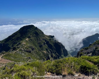 Above Clouds Hiking Photograph. Green Landscape. Pico de Ruvio. Long Trail into the Clouds. Madeira Island Mountain Landscape Canvas Print