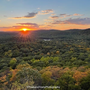 Orange and Yellow Sunburst Fall Sunset over NY. Hiking in the Hudson Valley Photograph from Mountain Landscape Canvas Print