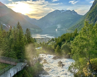 Sun Setting on the Norwegian Fjord. Rushing Waterfalls. Waterfall Photography. Summer in Norway. Wall Decor for Travelers & Summer Lovers