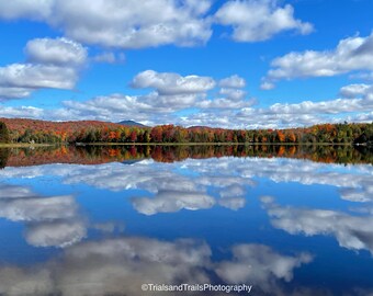 Fall Colors Reflecting on Lake. Adirondacks High Peak Mountain Reflection. Peaceful Picture for Home or Office. Prints for Outdoor Lovers
