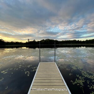 Sunrise Clouds Across the Sky. Reflections of the sky on the Lillypad Pond in Vermont. Straight Dock Photograph. Landscape Canvas Print