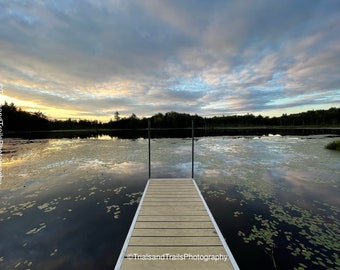 Sunrise Clouds Across the Sky. Reflections of the sky on the Lillypad Pond in Vermont. Straight Dock Photograph. Landscape Canvas Print