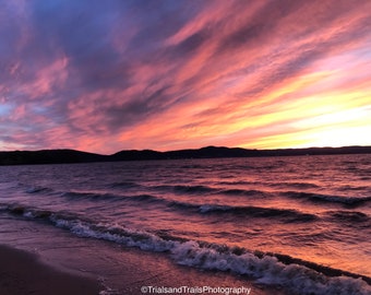 Rich Sunset Photograph.  Waves Crashing on Hudson River Landscape Canvas Print. Photograph for Sunset Lover. Hanging Wall Art for all Spaces
