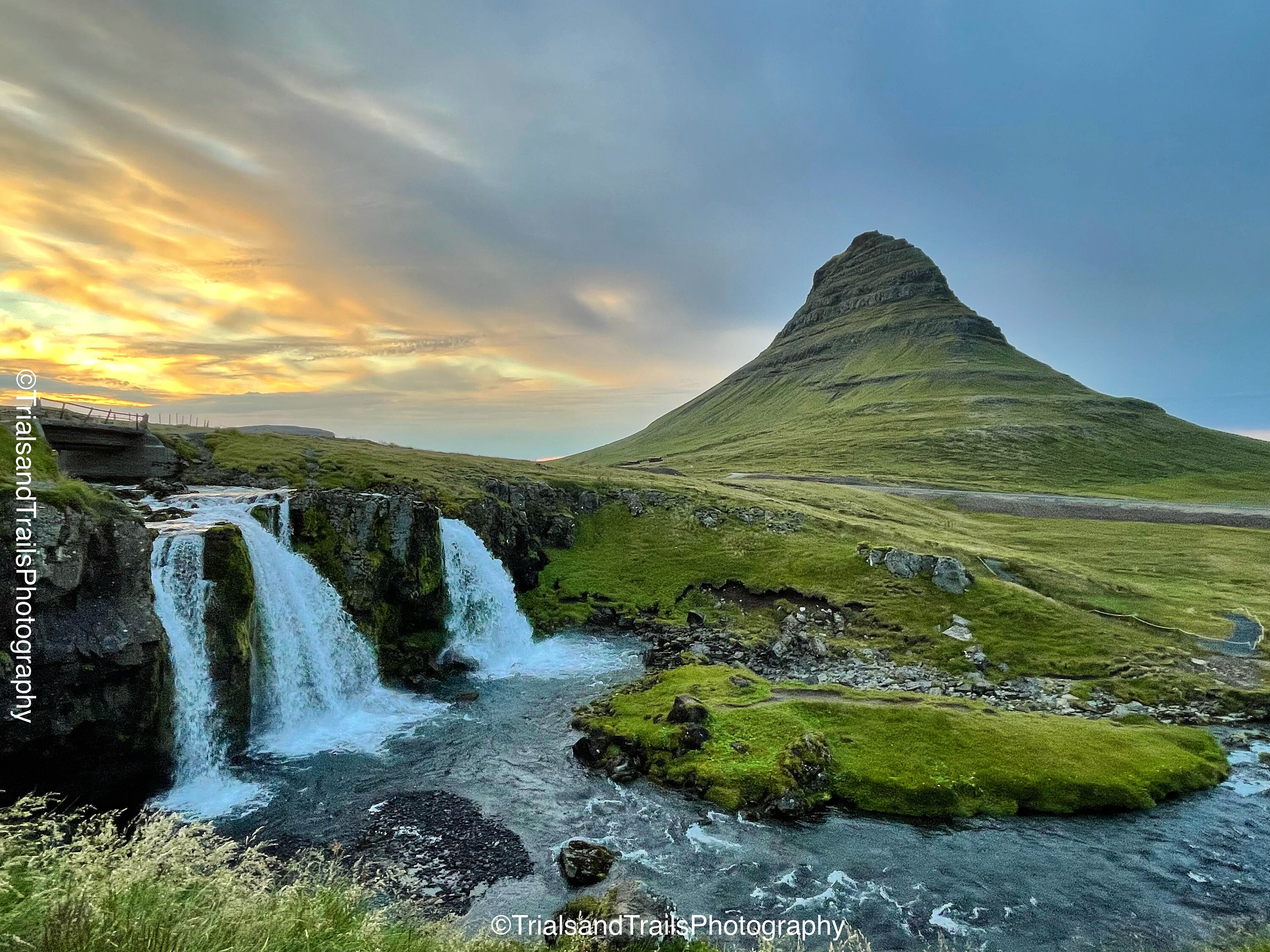Icelandic Waterfall Sunset. Magic Mountain Landscape Canvas Print. Three Waterfalls. Awe Inspiring Photograph. Icelandic Mountain Photograph