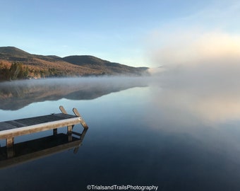 Sunrise Reflection on Lake with a Dock in Fall Mountain Town. Landscape Canvas Print. Dreamy Photographs. Fall Wall Decor. Sunrise Decor
