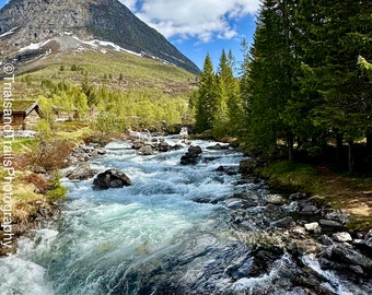 Cabin Life by the Mountains as the Water flows. Rushing River Photography. Norwegian Mountain life.