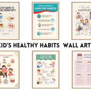Op de afbeelding: Zes kleurrijke, afdrukbare posters met tips voor kinderen over gezonde gewoontes, waaronder gezonde snacks, klasgewoontes, dagelijkse routines en het schoonhouden van huis. De posters bevatten cartoonillustraties en tekst.