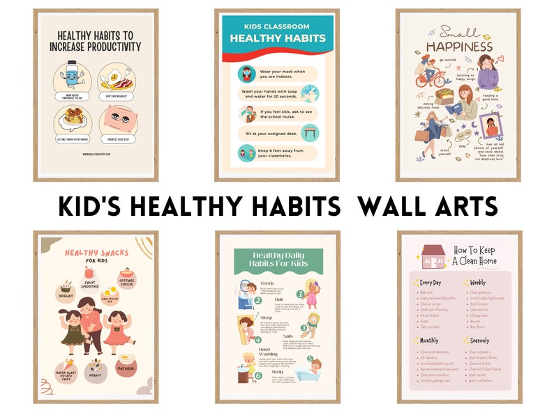 Pu&ograve; includere: Sei poster colorati stampabili con consigli per i bambini sulle abitudini sane, tra cui spuntini sani, abitudini in classe, routine quotidiane e mantenere una casa pulita. I poster presentano illustrazioni di cartoni animati e testo.