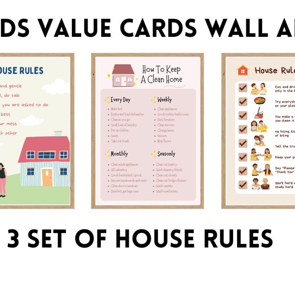 House Rules For Kids, House Rule Wall Art, Family Rule Wall Art, Home Rules Printable, Kids Moral Values Printable Flash cards and Posters