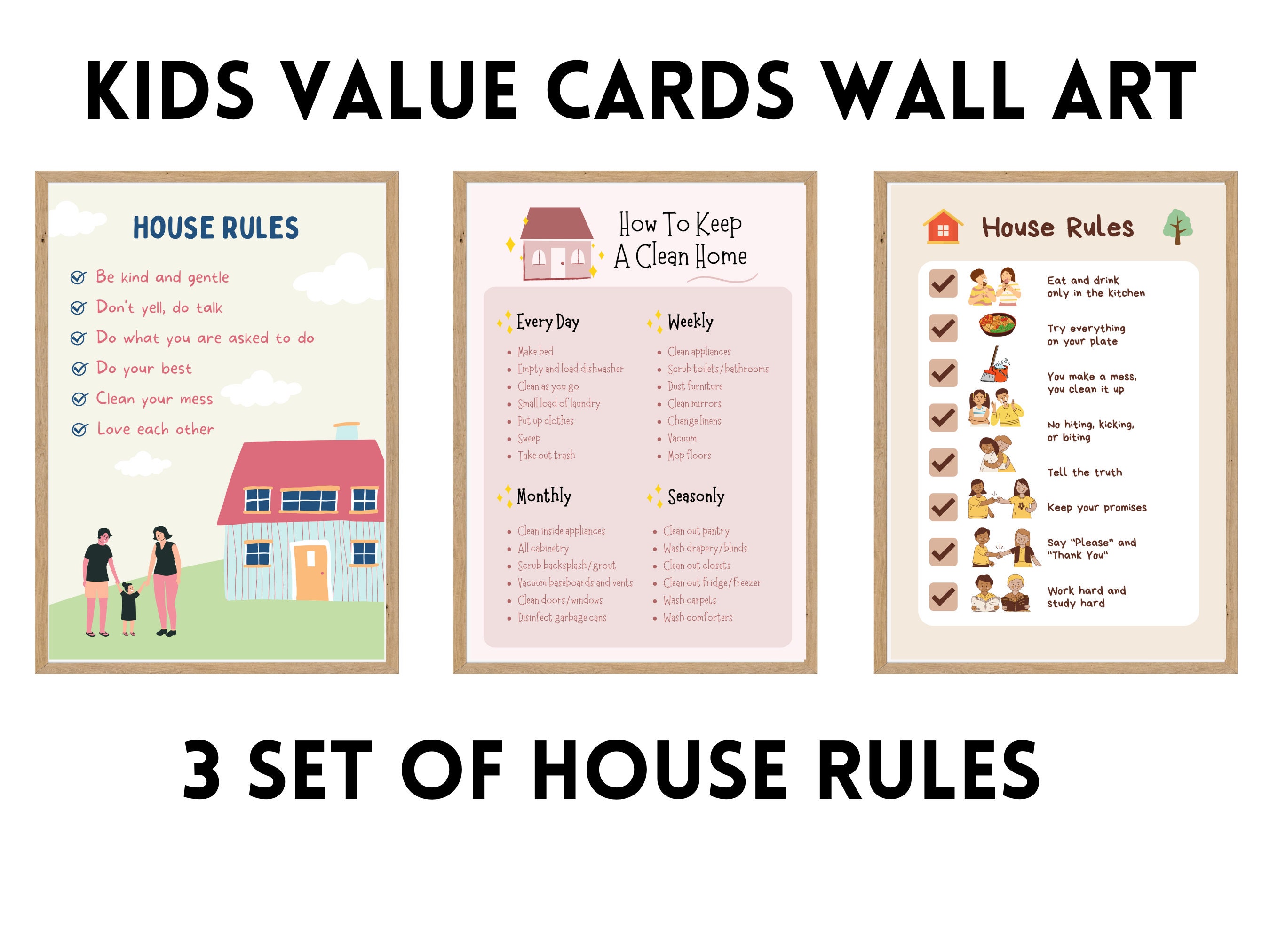 House Rules For Kids, House Rule Wall Art, Family Rule Wall Art, Home Rules Printable, Kids Moral Values Printable Flash cards and Posters