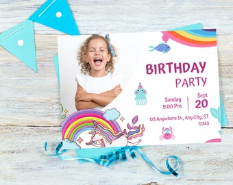 Tarjeta de cumpleaños de unicornio imprimible, tarjeta de diseño de arco iris de unicornio, tarjeta de unicornio para niños, tarjeta de cumpleaños de arco iris, tarjeta de fiesta de unicornio, unicornio mágico
