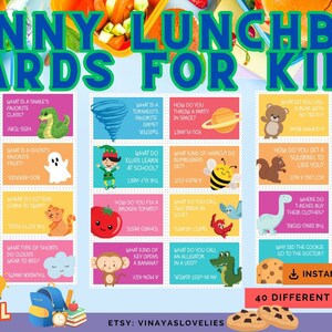 Può includere: Un set di 40 carte colorate con domande divertenti e illustrazioni per bambini. Le carte presentano una varietà di personaggi, tra cui una giraffa, un dinosauro, una scimmia, un'ape e un fantasma. Le carte sono perfette per aggiungere un po' di divertimento ai lunchbox o per giocare a un gioco con i bambini.