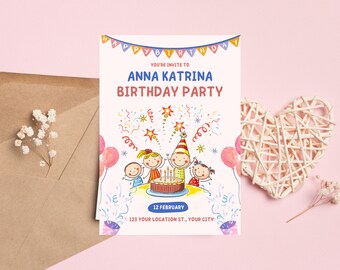 May include: A colorful birthday party invitation with a cartoon illustration of children celebrating with a cake and fireworks. The invitation says "You're invite to Anna Katrina Birthday Party" and includes the date "12 February" and the address "123 Your Location St., Your City".