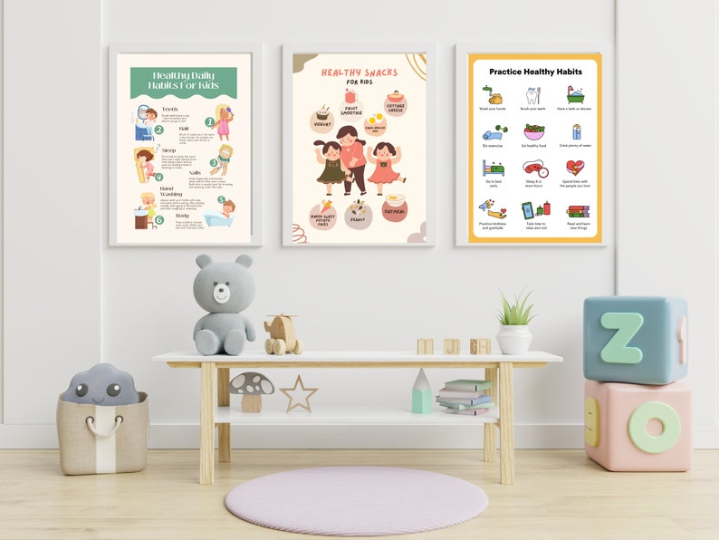 Pu&ograve; includere: Tre poster colorati con illustrazioni e testo su abitudini quotidiane sane per i bambini. I poster sono appesi a una parete bianca in una stanza con un tavolo di legno, un peluche e una torre di blocchi di giocattolo.
