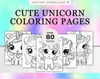 Páginas para colorear de Cutie Unicorn, más de 80 páginas imprimibles, actividad de fiesta de cumpleaños de niñas, cumpleaños de unicornio, colorear para niños, amantes de los unicornios