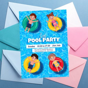 Kids Pool Party Invitation card, Canva Editable Pool Party Invitation Template, Summer Swimming Pool Party Invite