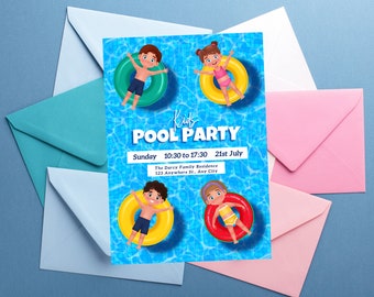 Kids Pool Party Invitation card, Canva Editable Pool Party Invitation Template, Summer Swimming Pool Party Invite