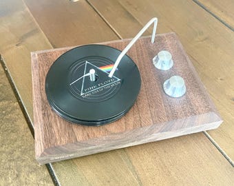 Unique Mini Record Player Coaster Set.  5x coasters, working knobs. Walnut Wood.