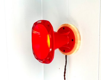 Air Raid Siren Light - Steampunk Industrial Speaker Lamp - Wall Mounted with Vintage Cord - Red Metal Siren / Horn Lamp Wood Base