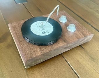 Unique Mini Record Player Coaster Set.  5x coasters, working knobs. Walnut Wood.