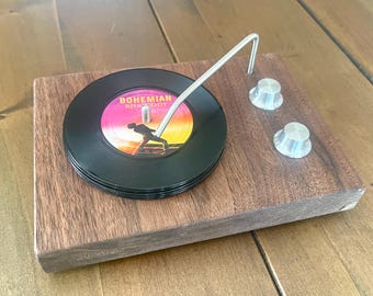 Unique Mini Record Player Coaster Set.  5x coasters, working knobs. Walnut Wood.