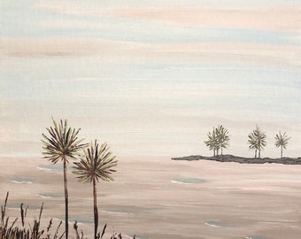 May include: A painting of a beach scene with palm trees and a light blue sky. The water is a light brown color and the sand is a light beige color.