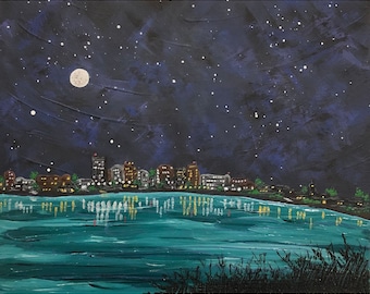 Stadsnätter, 20 x 25 cm landskapsmålning i akryl, signerad, unikt handmålat konstverk