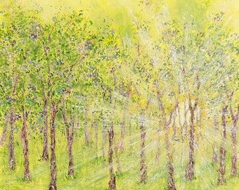 Here Comes The Sun - Peinture de paysage de forêt acrylique par Deb Bossert Artworks, 8 "x 10", signée par l'artiste