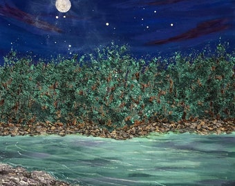 Månbelyst akrylmålning av Deb Bossert Artworks, Måne på natten över vatten med stjärnor, 8 x 8, signerad av konstnären
