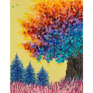 Puede incluir: Una pintura de un árbol colorido con hojas azules, moradas, naranjas y amarillas. El árbol está sobre un fondo amarillo con un campo de flores rosas en la parte inferior.