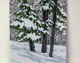 Peinture acrylique sur toile, thème hiver neigeux, dimension 8 x 10 po