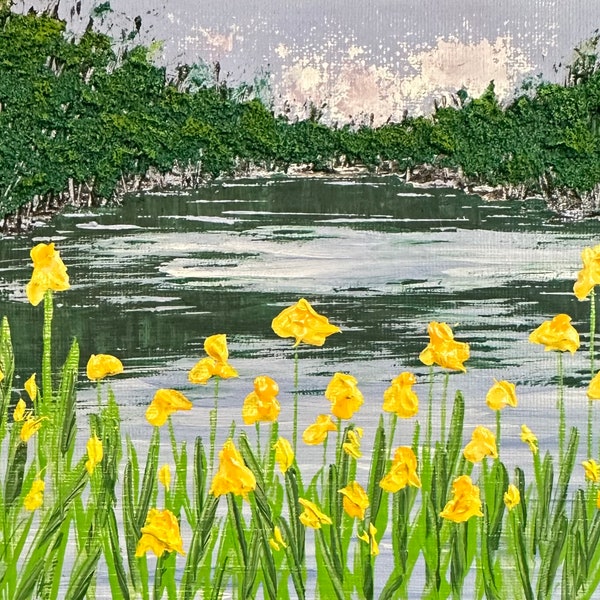 Hier komt lente acryl natuur landschap schilderij door Deb Bossert kunstwerken, 6 "x 8", ondertekend door kunstenaar