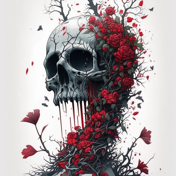 Add Some Edgy Style to Your Decor with Our Rose Vine Skeleton Skull Digital Print!