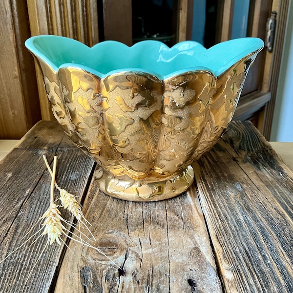 Vintage Weeping 24K Gold Exterior, Scalloped Planter/Bowl, Robin’s Egg Blue/Green Interior, USA