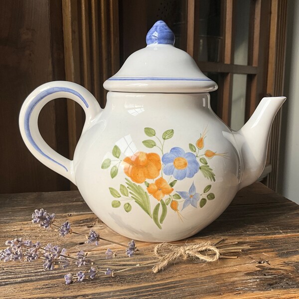 Vintage White Ceramic Teapot. Blue, Gold, and Green Floral Accents. Made in Bethlehem.