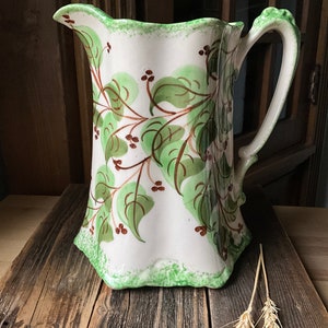 Cash Family Pottery, Hand Painted Pitcher, Green and Brown Ivy